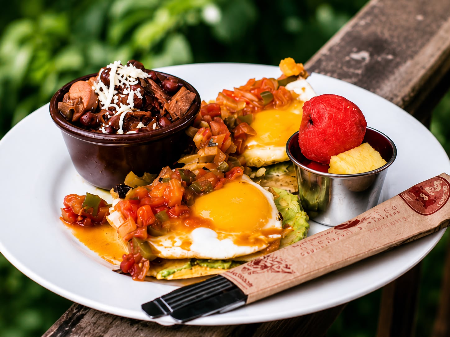 Desayuno típico salvadoreño con huevos, frijoles y fruta