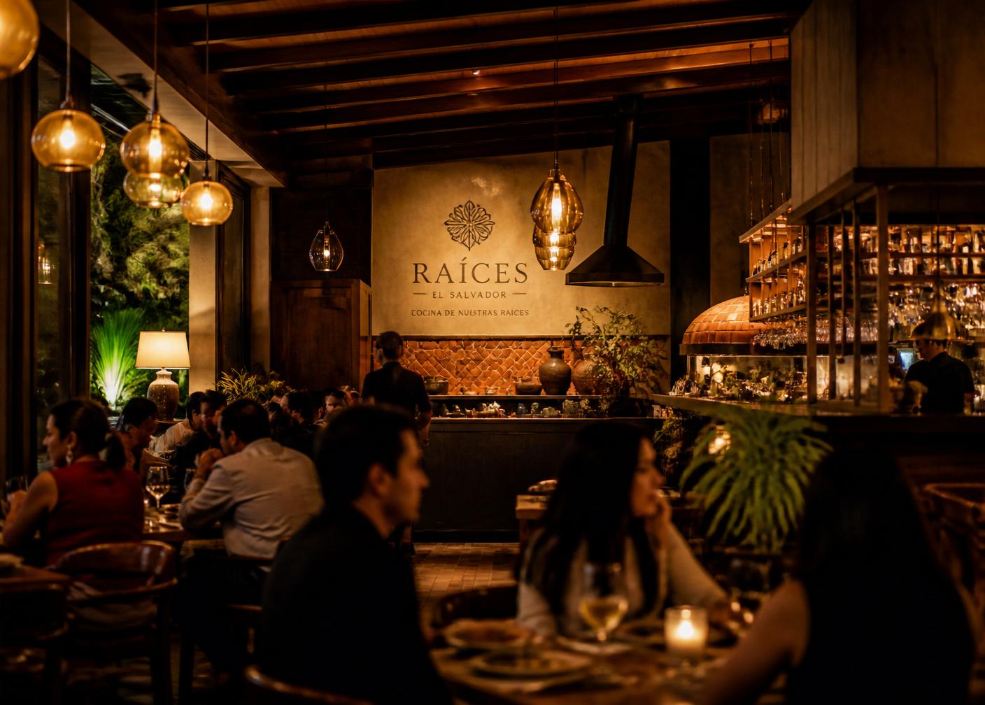 Comedor del restaurante iluminado con lámparas cálidas por la noche